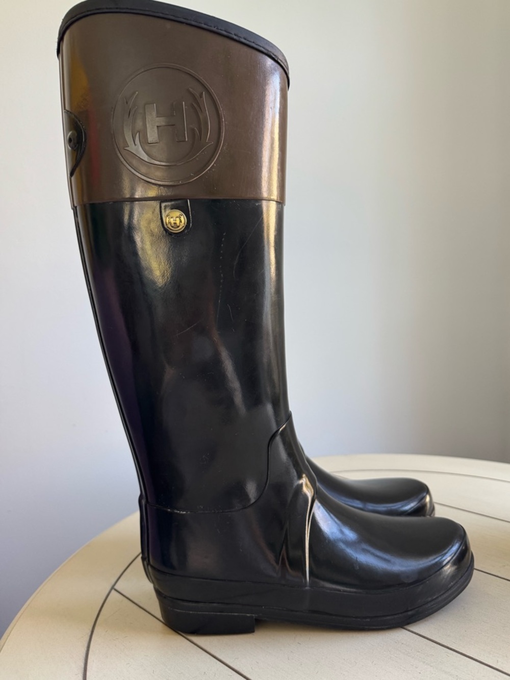 Hunter Black Rain Boots with Brown Trim